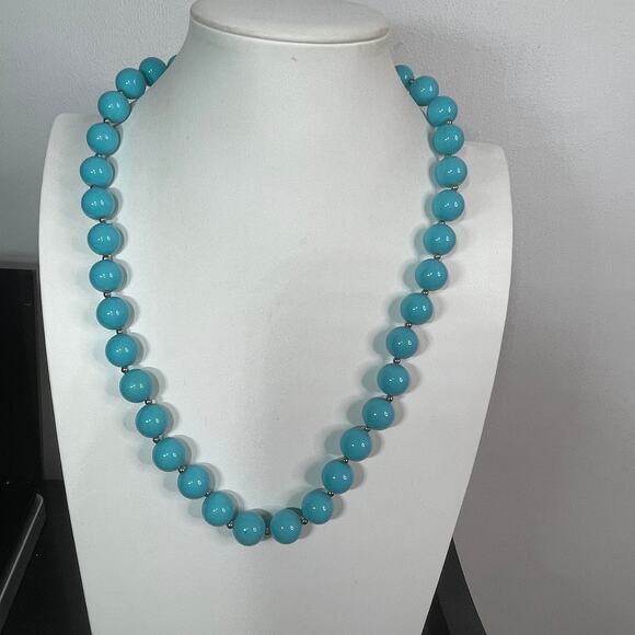 Necklace chunky beaded turquoise colored beads set in silver tone light weight - Picture 8 of 12
